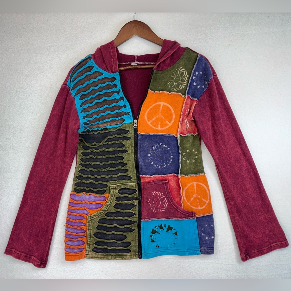 VINTAGE Women's Patchwork‎ Hood Jacket Boho RARE Top Burgundy Long Sleeve Medium